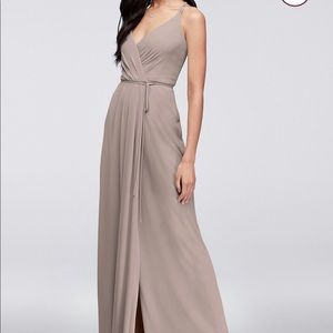 Double strap long bridesmaid wrap dress with slit